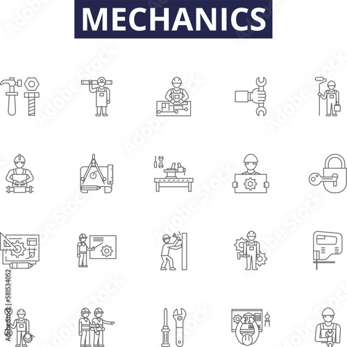 Mechanics line vector icons and signs. Repair, Maintenance, System, Restoration, Auto, Automotive, Dynamics, Analysis outline vector illustration set