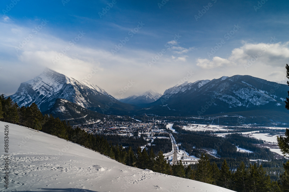 Mount Rundle and city of Banff  during winter