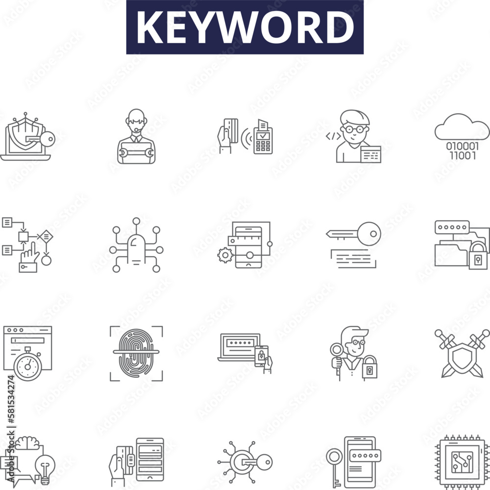 Keyword line vector icons and signs. Phrases, Search, Terms, Queries, Tags, Cues, Keywords, Signals outline vector illustration set - obrazy, fototapety, plakaty 