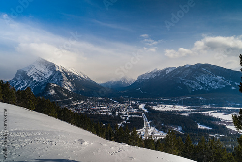 Mount Rundle and city of Banff during winter