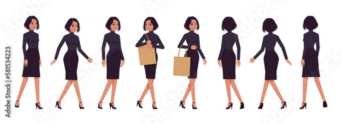 Business woman professional lady set, attractive woman walk, run poses. Office girl, female manager, classic black fit turtleneck, skirt. Vector flat style cartoon character isolated, white background