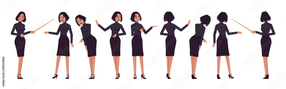 Business woman professional lady set, attractive woman point poses. Office girl, female manager, classic black fit turtleneck, skirt. Vector flat style cartoon character isolated on white background Business woman professional lady set, attractive woman point poses. Office girl, female manager, classic black fit turtleneck, skirt. Vector flat style cartoon character isolated on white background