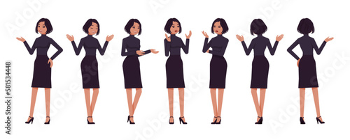 Business woman professional lady set, attractive woman talk poses. Office girl, female manager, classic black fit turtleneck, skirt. Vector flat style cartoon character isolated on white background