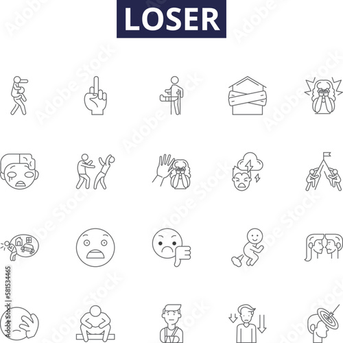 Loser line vector icons and signs. Unsuccessful, Inadequate, Impoverished, Disadvantaged, Fruitless, Disjointed, Humiliated, Trounced outline vector illustration set