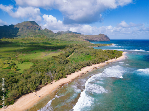 Aerial of Mahaulepu Gillins Beach secluded beach Kaloa Kauai Hawaii USA