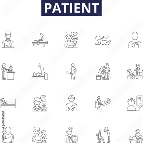 Patient line vector icons and signs. Sick, Ill, Convalescent, Ailing, Infirm, Bedridden, Sufferer, Clinician outline vector illustration set