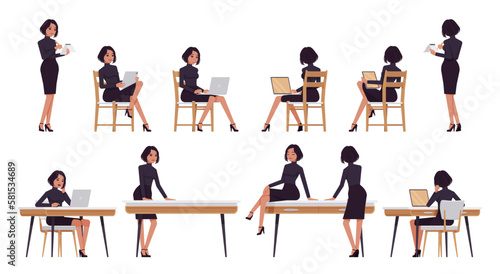 Business woman professional lady set, attractive woman at work. Office girl, female manager in classic black fit turtleneck, skirt. Vector flat style cartoon character isolated on white background