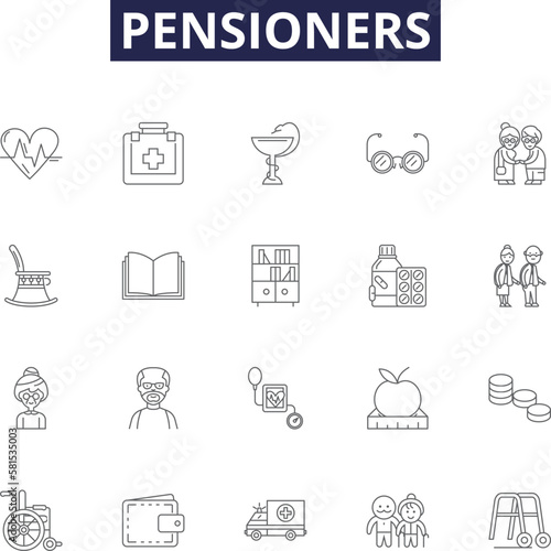 Pensioners line vector icons and signs. Pensioners, Elderly, Grandparents, Granddad, Grandma, Senior Citizens, Old-Timers, Elderly People outline vector illustration set