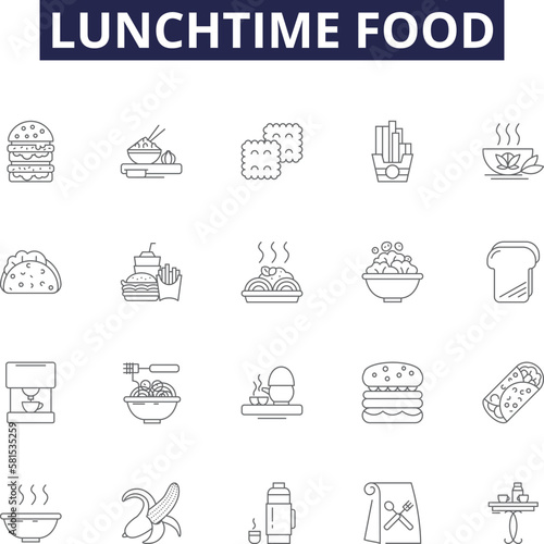 Lunchtime food line vector icons and signs. Salad, Burger, Pizza, Soup, Burrito, Fries, Noodles, Tacos outline vector illustration set