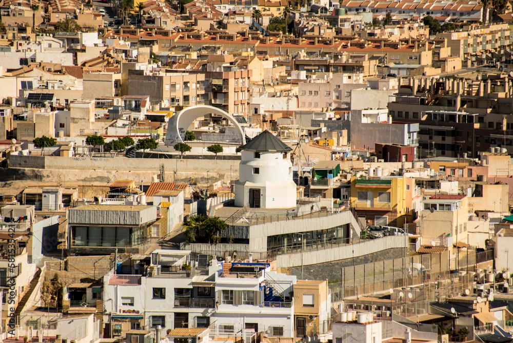 Aerial view of the city of Aguilas with windmill and monument, Spain