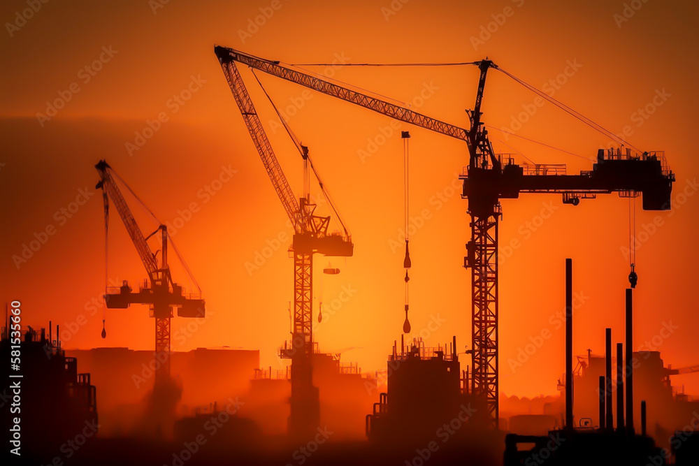 Cranes at a construction site against an orange sunset, sillhouette, generative ai