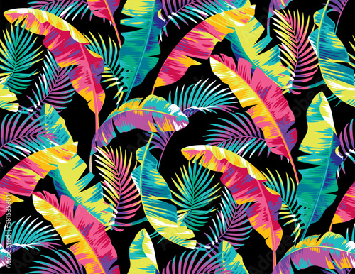Hawaiian seamless pattern with tropical leaves. Bright glowing yellow-pink-blue-violet backdrop. Botanical illustration on a black background. Vector foliage background. 