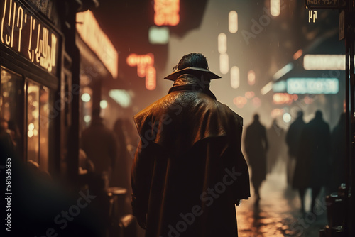 dystopian scene of man walking in rainy in street at night, generative ai