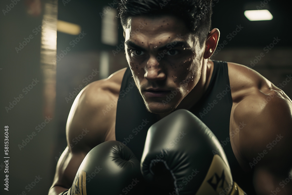 Serious handsome young strong sports man boxer, portrait, generative ai