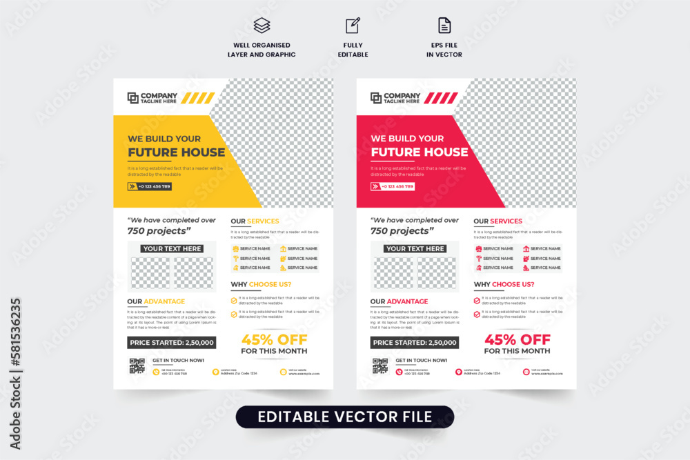 Home construction and renovation service promotional poster and flyer design with red and yellow colors. Real estate business flyer template vector. Handyman service advertisement banner design.