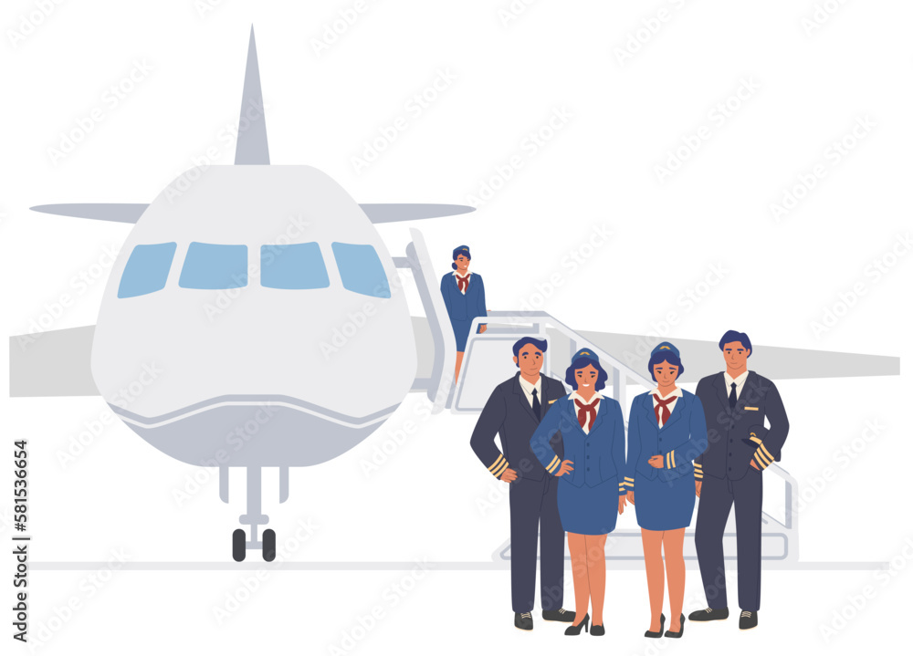 Vector flight crew standing together at airplane illustration - obrazy, fototapety, plakaty 
