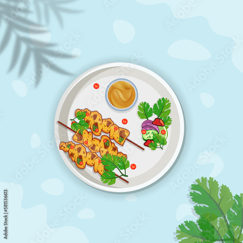 Creative Asian Food Satay Illustration Design, Quality Watercolor Background, Premium Vector.