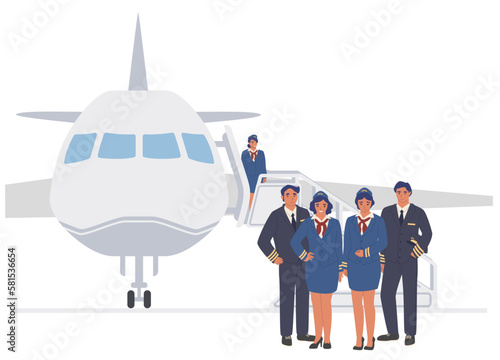 Vector flight crew standing together at airplane illustration