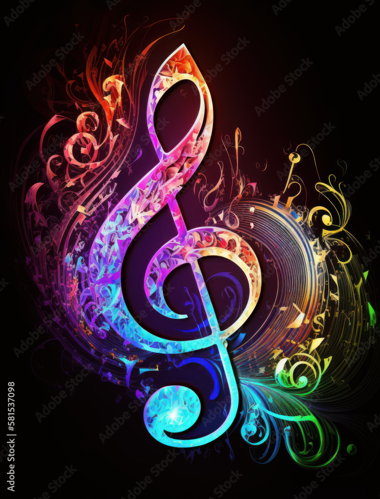 Fototapeta premium colorful neon light music clef symbol with black background Generative AI, Generativ, KI