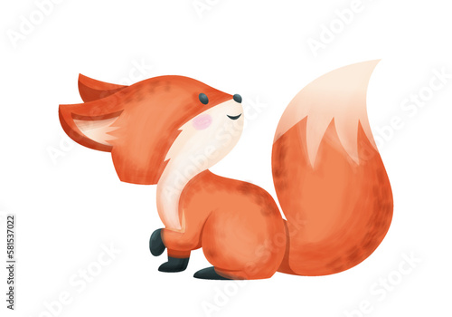 Cute Woodland Animal. Colorful sticker with cunning red fox with fluffy tail. Watercolor design element for printing on baby clothes. Cartoon flat vector illustration isolated on white background