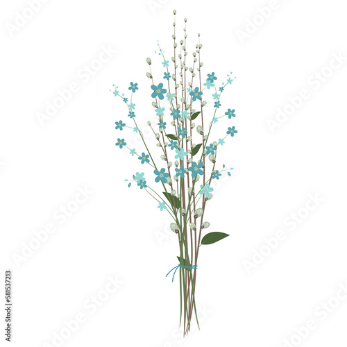 Bouquet of willow and blue flowers. flower isolated on white