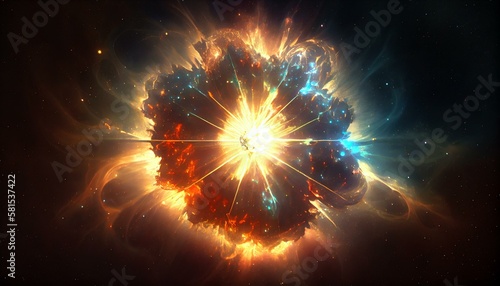 An exploding supernova, with streams of gas and dust bursting outward. Generative AI