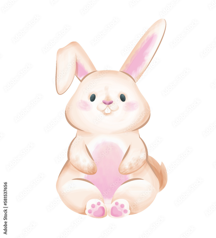 Cute Woodland Animal. Colorful sticker with fluffy rabbit or hare. Forest bunny. Watercolor design element for Easter greeting card. Cartoon flat vector illustration isolated on white background Cute Woodland Animal. Colorful sticker with fluffy rabbit or hare. Forest bunny. Watercolor design element for Easter greeting card. Cartoon flat vector illustration isolated on white background