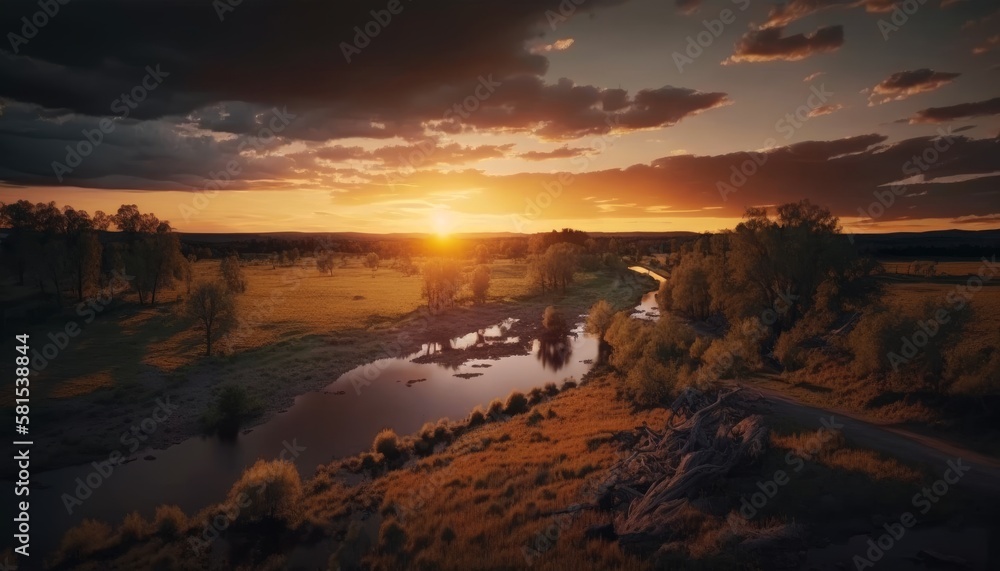 Professional drone shot of amazing landscape at sunset with trees, mountains, lake. Generative AI