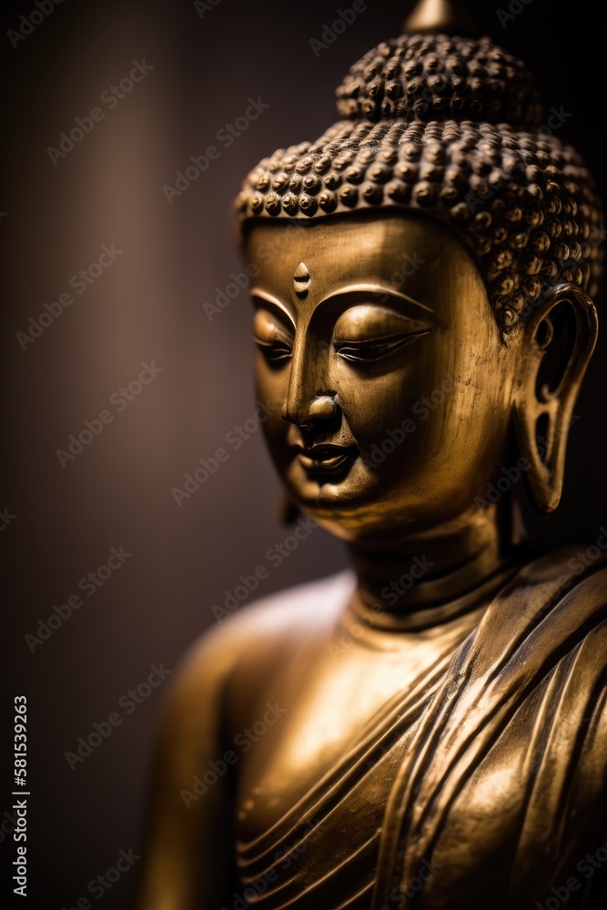 Close up of beautiful buddhist statue. Golden sculpture of buddha. Generative AI