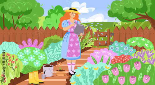 Farming and gardening. Smiling young girl gardener watering bushes with blooming flowers and caring for plants. Hobby or work. Botany and floristry. Cartoon flat vector illustration in doodle style