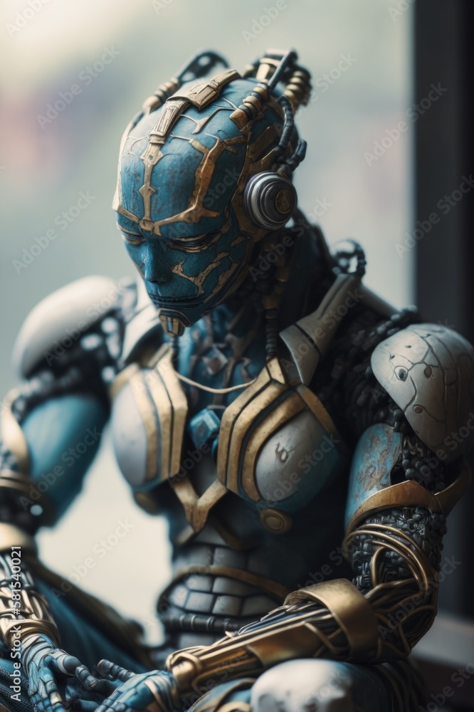 Robot in meditation. Portrait of meditating warrior. Beautiful humanoid robot meditating. Generative AI Robot in meditation. Portrait of meditating warrior. Beautiful humanoid robot meditating. Generative AI