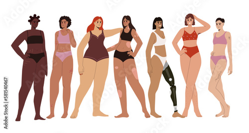 Body positive and self acceptance. Women of different ages, skin colors, ethnic groups and body types. Girls in swimsuits standing together. Cartoon flat vector illustration isolated on white