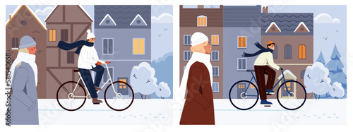 Seasonal outdoor activity. Man and woman in warm outerwear cycling through snow covered city. Characters drive bicycle on snowy winter day. Cold weather. Cartoon flat vector illustration