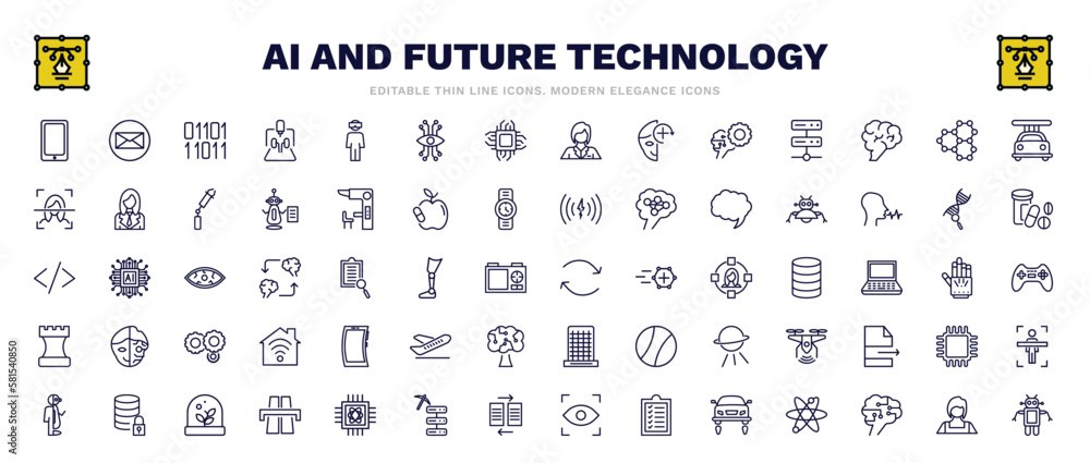 set of ai and future technology thin line icons. ai and future technology outline icons such as smartphone, binary, high speed tube, robot assistant, replacement, mobile flexible display, secure