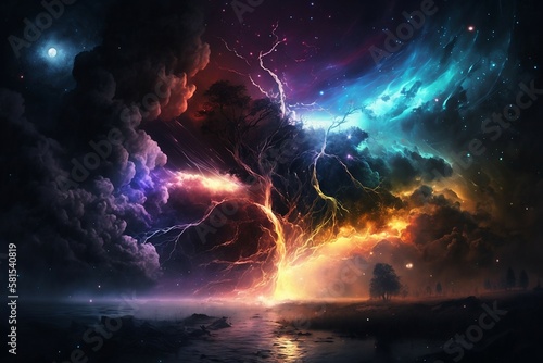 Dark Cosmic space with colorful Lightning in the background. created by Generative AI illustrations. 