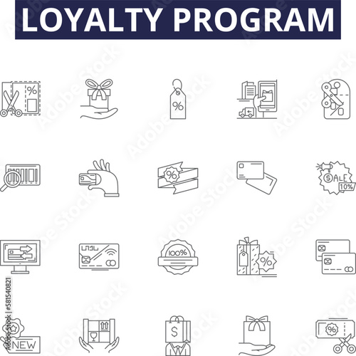 Loyalty program line vector icons and signs. Program, Rewards, Membership, Benefits, Discounts, Purchase, Customer, Reward outline vector illustration set