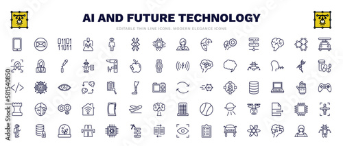 set of ai and future technology thin line icons. ai and future technology outline icons such as smartphone, binary, high speed tube, robot assistant, replacement, mobile flexible display, secure