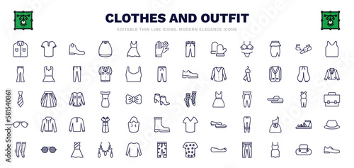 set of clothes and outfit thin line icons. clothes and outfit outline icons such as formal shirt, leather chelsea boots, leather gloves, ballets flats, scarf on hanger, men socks, bucket bag, long