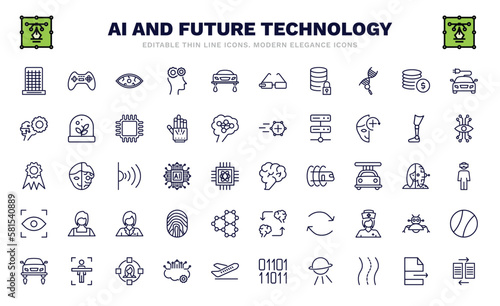 set of ai and future technology thin line icons. ai and future technology outline icons such as difference engine, smart lens, secure data, unsupervised learning, recognition, brain, eye tracking,