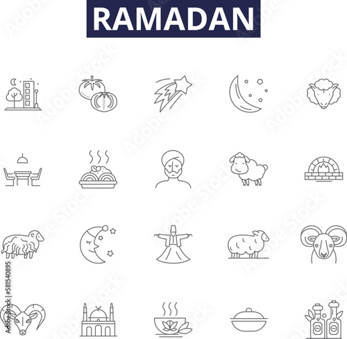Ramadan line vector icons and signs. Fast, Islam, Prayer, Month, Qur'an, Fasting, Charity, Spiritual outline vector illustration set