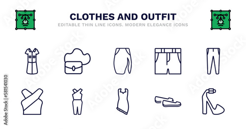 set of clothes and outfit thin line icons. clothes and outfit outline icons such as hobo bag, slit skirt, denim shorts, slim fit pants, chiffon suffle blouse, chiffon suffle blouse, jumpsuit, jersey