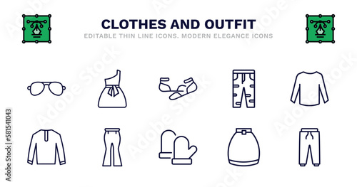 set of clothes and outfit thin line icons. clothes and outfit outline icons such as one shoulder dress, ballets flats, boyfriend low jean, long sleeves t shirt, nylon jacket, nylon jacket, flare