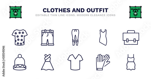 set of clothes and outfit thin line icons. clothes and outfit outline icons such as chino shorts, leggins, cocktail dress, messenger bag, knit hat with pom pom, knit hat with pom long sleeveless