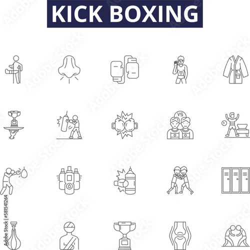 Kick boxing line vector icons and signs. Pummeling, Striking, Punching, Sparring, Jabbing, Kicking, Uppercuts, Knocking outline vector illustration set