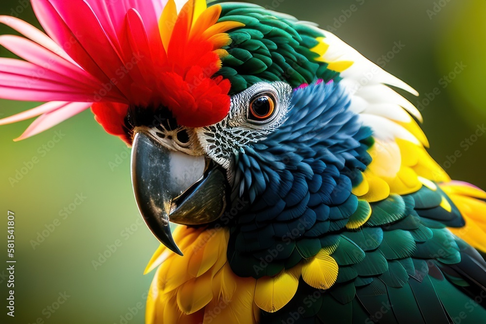 Fototapeta premium Australian Cockatoo Inca parrot in the treetops in a tropical rainforest, bright flowers and leaves, exotic plants, vines. Wildlife concept of ecological environment. Generative AI