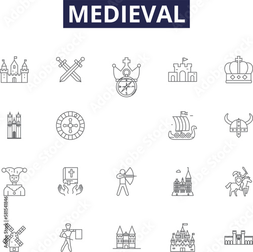 Medieval line vector icons and signs. Knights, Armor, Swords, Crusades, Chivalry, Feudalism, Castle, Jesters outline vector illustration set