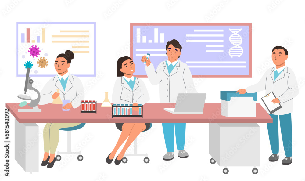Scientist team working in laboratory vector illustration Scientist team working in laboratory vector illustration