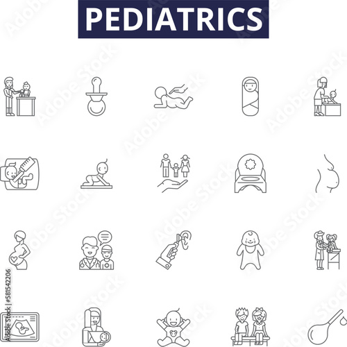 Pediatrics line vector icons and signs. Childhood, Infant, Toddler, Neonatal, Children, Disease, Doctor, Health outline vector illustration set