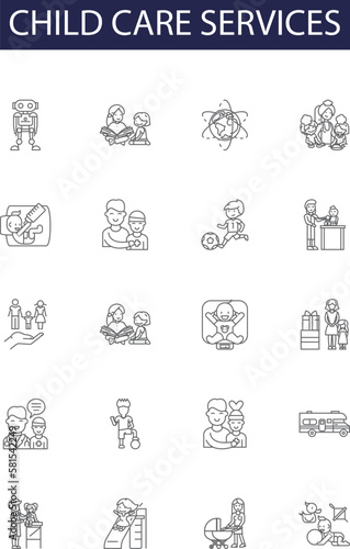 Child care services line vector icons and signs. service, child, help, kid, health, support, children,family outline vector illustration set