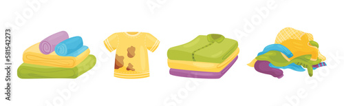 Pile of Dirty Clothing and Neatly Folded Clean Laundry Vector Set
